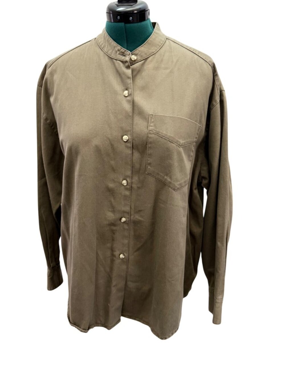 Womens Button-up Blouse Vintage Large Green Band Collar Size  Button-Up Shirt
